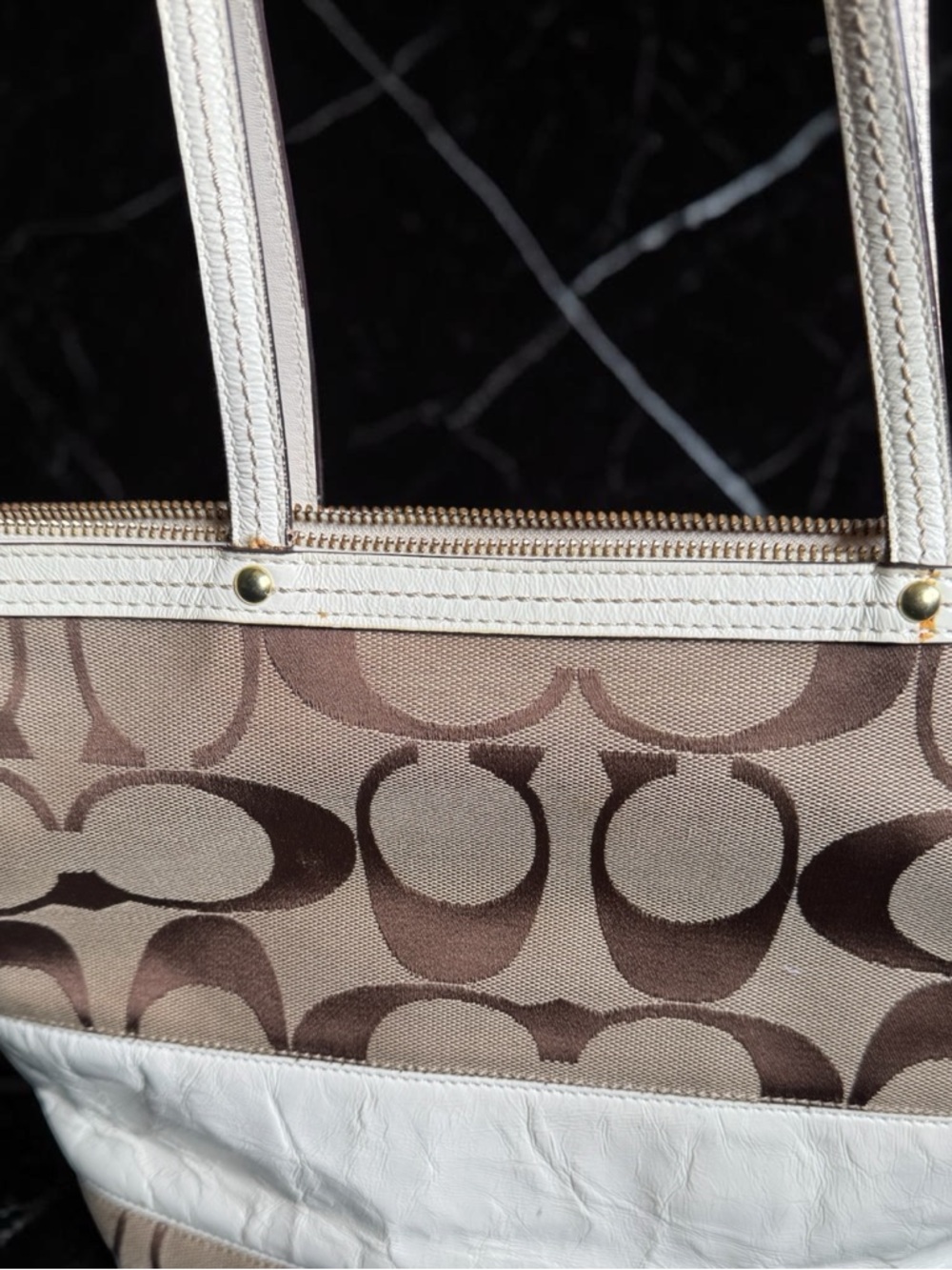 Coach Signature Patent Stripe Tote -Brown/Tan